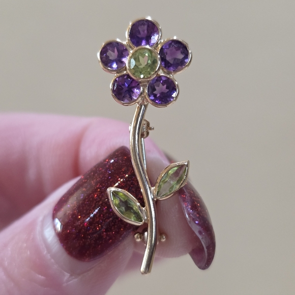 Vintage 14k Yellow Gold Purple Green Gemstones Flower Beautiful Pin Brooch 1.7 g - Picture 4 of 16